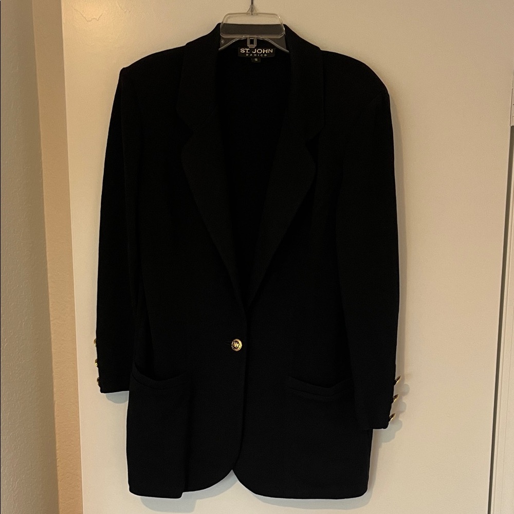 St John Black Knit 2 Piece Suit Jacket Pants Evening Basics Size 16 - Picture 4 of 14